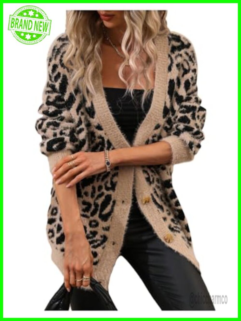 Womens Leopard Print Button Down V Neck Fuzzy Oversized Cardigan Sweater
